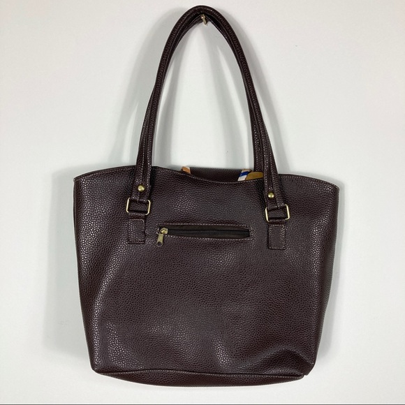 Brown Faux Leather Side Tote Purse w/ Colorful Detailing - Picture 2 of 12